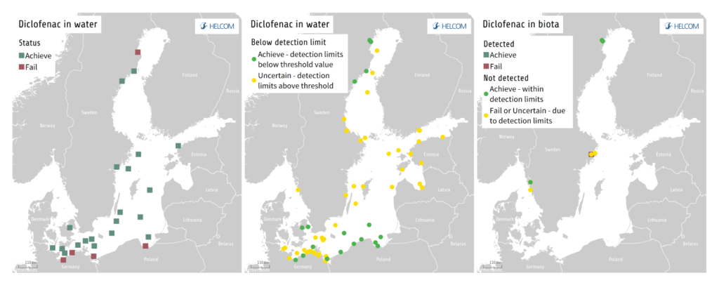 Figure 4.2.12. Overview of sample location in Baltic Sea water (left and middle) and biota (right) where diclofenac concentrations have been assessed.