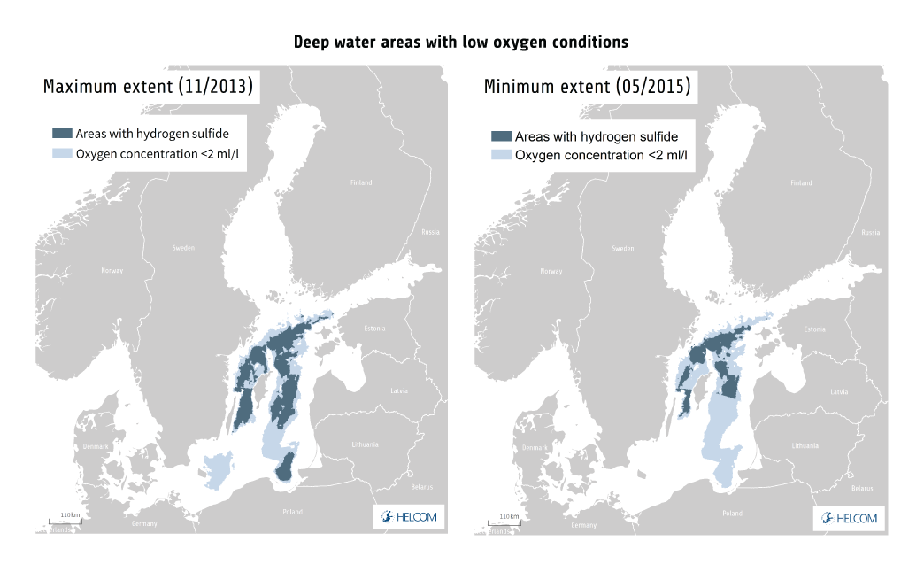 Figure 1.10. Poor Oxygen Conditions At The Sea Floor Restrict Productivity And Biodiversity In The Baltic Sea. The Maps Show The Minimum And Maximum Distribution Of Anoxic Areas In The Deep-water (where Hydrogen Sulphide Is Present) And Areas With Less Than 2 Ml/l Oxygen During 2011–2016, Based On Point Measurements And Modelling. Data From Leibniz Institute For Baltic Sea Research Warnemünde. See Also Feistel Et Al. (2016). Due To The Range Of Input Data Used, The Map May Not Correctly Reflect The Situation In The Gulf Of Finland.
